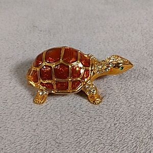 Gold Tone Yellow Enameled Turtle Trinket Box with Green Eyes Magnetic Jeweled